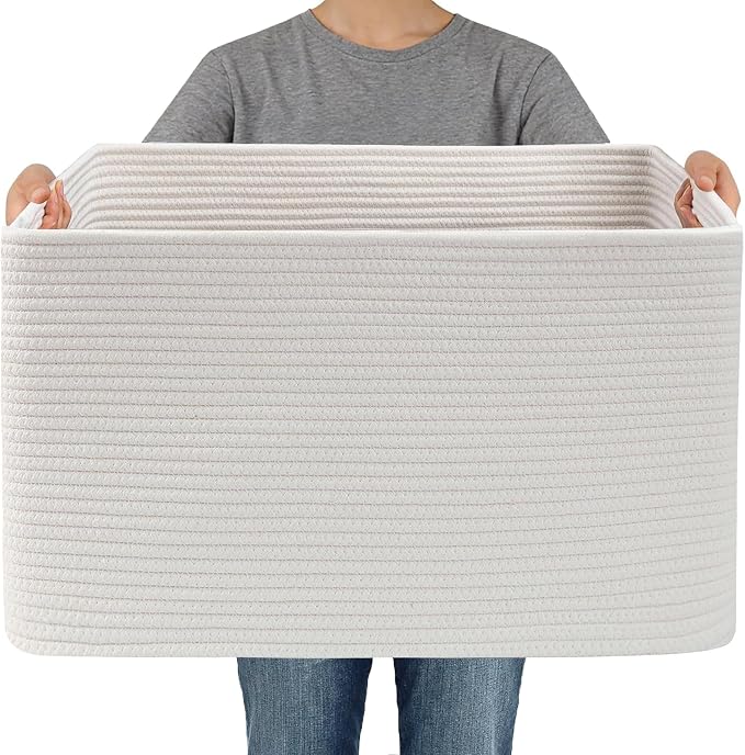 JMvicyroam 65L Large Woven Cotton Rope Blanket Basket, White | Blanket storage for living room or bedroom use, Freestanding with reinforced handles, Entire basket is machine washable