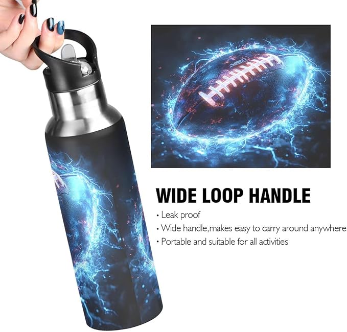 American Football Blue Lightning Water Bottle with Straw Lid Kids Insulated Stainless Steel Water Flask Sports, 20 Oz Hot Cold