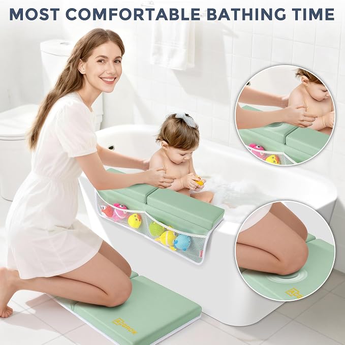 Bath Kneeler and Elbow Rest Pad Set, 1.5” Thick Bathtub Kneeling Mat | Cozy Memory Foam, Non-Slip 6 Suction Cups and 4 Toys Organizer Pockets, Quick-Dry Bath Kneeling Pad for Babies Toddlers