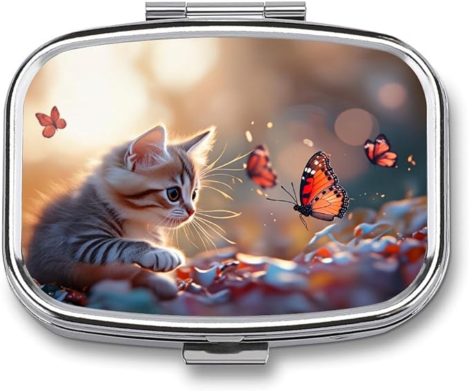Kitten with Butterfly Durable Metal Pill Case for Daily Use, 2 Slot Medicine Box Organizer,Leak Proof Travel Pill Container for Vitamins, Compact Pocket Medicine Holder for Seniors,Holiday Gift