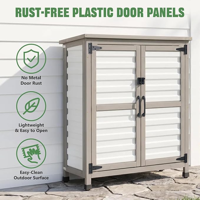 Ketive Outdoor Storage Cabinet, 32" Small Patio Storage Cabinet with Rust-Free Plastic Door Panels, 2-Tier Garden Cabinet for Porch, Balcony, Poolside, Backyard, Garden Supplies & Cleaning Supplies