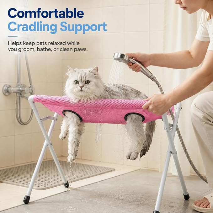 Dog Bath Rack, Foldable Pet Shower Grooming Stand with Mesh Hammock, Portable Dog Bath Table for Shower and Nail Care, Stable Frame Support for Puppies Cats and Small Breeds, Blue