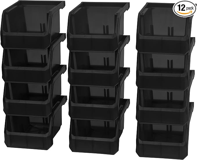 Extra-Small Stackable Plastic Storage Bins, 12-Pack, Black | Open-Front Stackable Bins For Garage, Pantry, Closet & Office, 5"L X 4"W X 3"H, Nests When Empty, Durable Plastic