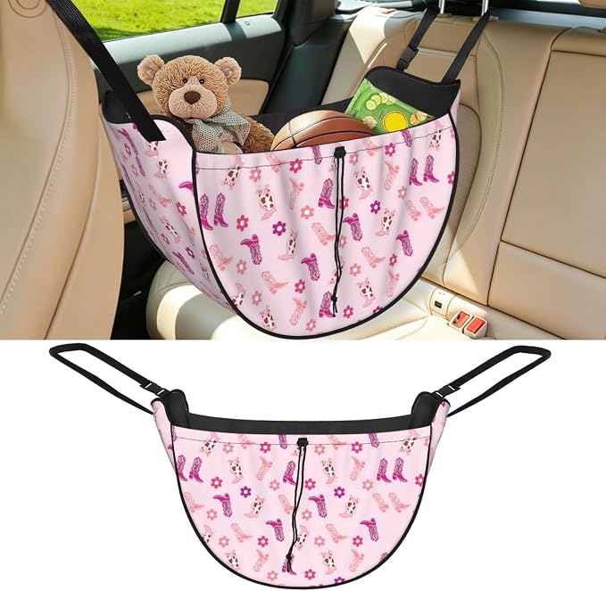 Pink Cowboy Boots Floral Car Seat Organizer Backseat Storage Bag, Large Waterproof Vehicle Organizer With Adjustable Straps For Gear Essentials, Fits Most Cars