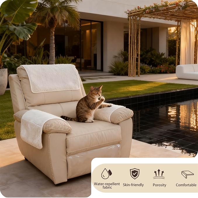 Sherpa Fleece Armrest and Headrest Covers with 2 Pockets | Soft fleece with nonslip silicone backing helps protect leather and fabric furniture from pet scratches machine washable