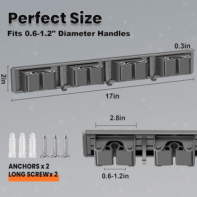 Broom Holder Wall Mount, Mop and Broom Hanger Wall Mount for Organizing and Storing Items in Household Kitchens, Gardens, Laundries (4 Racks & 3 Hooks, Grey)