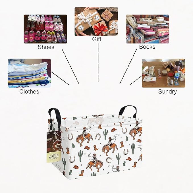 Rectangle Foldable Storage Basket Handles For Home, Cowboy | Waterproof canvas material, reinforced handles, perfect for shelf use, organizes clothes, daily items and pet supplies