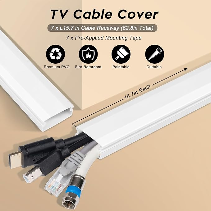 110in Cord Covers for Wires on Wall Kit, Simple Setup Wire Hider | Large Cord Hider Wall Kit, Wire Covers for 3-4 Cords on Wall, White TV Cable Hider Cable Raceway, W1.2 X H0.6in