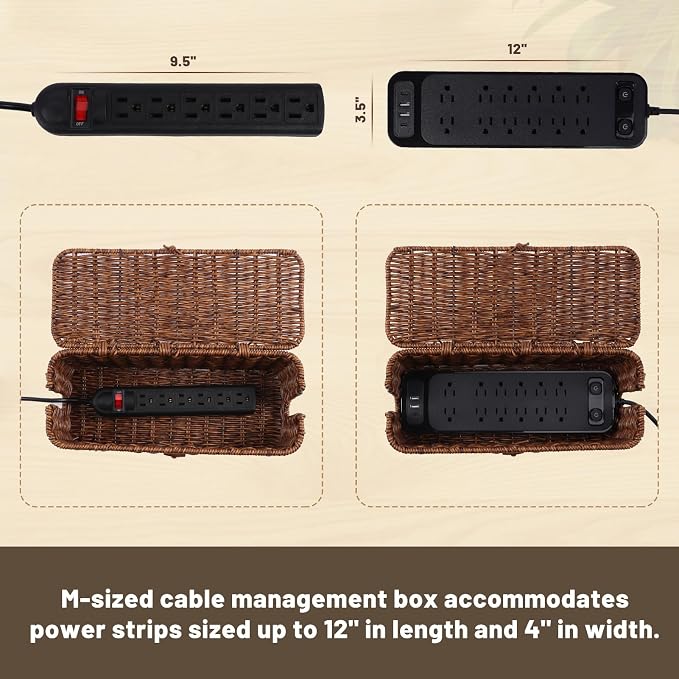 Cable Management Box, Cord Organizer with Lid & Cable Ties - Brown Small | Handmade Open Slots Cord Hider Outlet Covers for Power Strip TV PC Router Charger Under Desk Storage