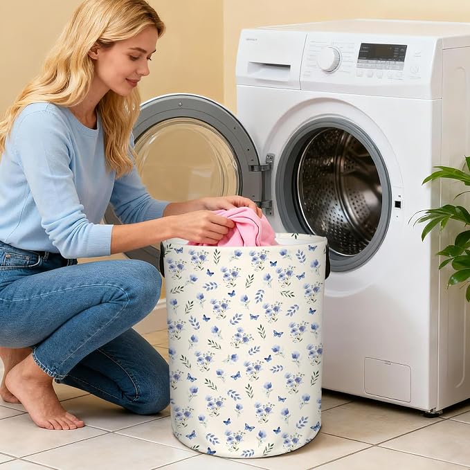 Flower Laundry Hamper, Waterproof Collapsible Laundry Basket for Bedroom, 43L Round Nursery Hamper Storage Bin with Handles for Toys, Storage Basket for Women Girls, Room Decor, 13.8x17.7 in