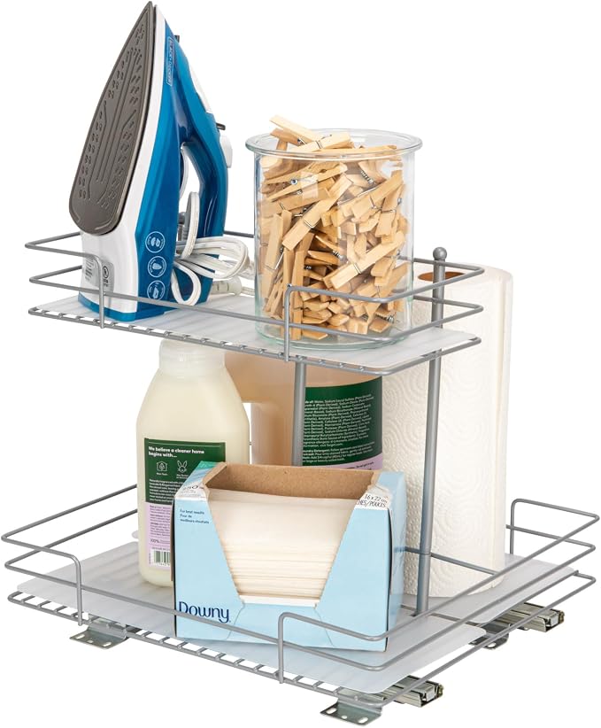 Household Essentials Glidez Steel Pull-Out/Slide-Out Storage Organizer with Plastic Liners for Under Sink or Wire Shelf Use - 2-Tier Design - Fits Standard Size Cabinet or Shelf, Brushed Silver