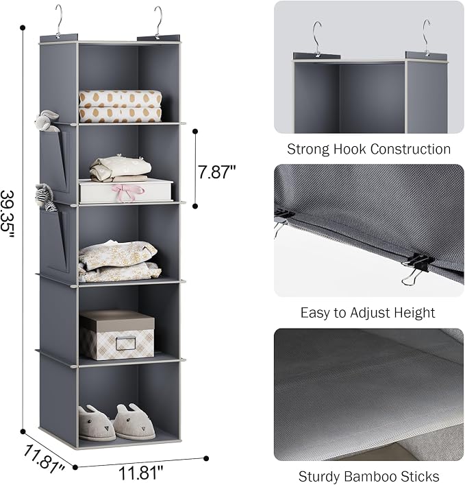 YOUDENOVA Hanging Closet Organizer and Storage for Clothes, 5-Shelf, Grey | Locker/RV/Camper Organizer, 2 Side Pockets, Hanging Shelves for Small Closet, Dorm Room Essentials for Guys, Non-woven Fabric
