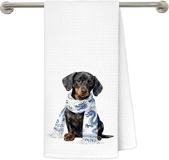 Blue Chinoiserie Dachshund Kitchen Towels 16x24 in, Dachshund Lovers Gifts, Grandmillennial Scarf Sausage Wiener Dog Decorative Hand Tea Dish Towels for Bathroom Kitchen