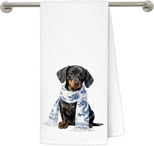 Blue Chinoiserie Dachshund Kitchen Towels 16x24 in, Dachshund Lovers Gifts, Grandmillennial Scarf Sausage Wiener Dog Decorative Hand Tea Dish Towels for Bathroom Kitchen