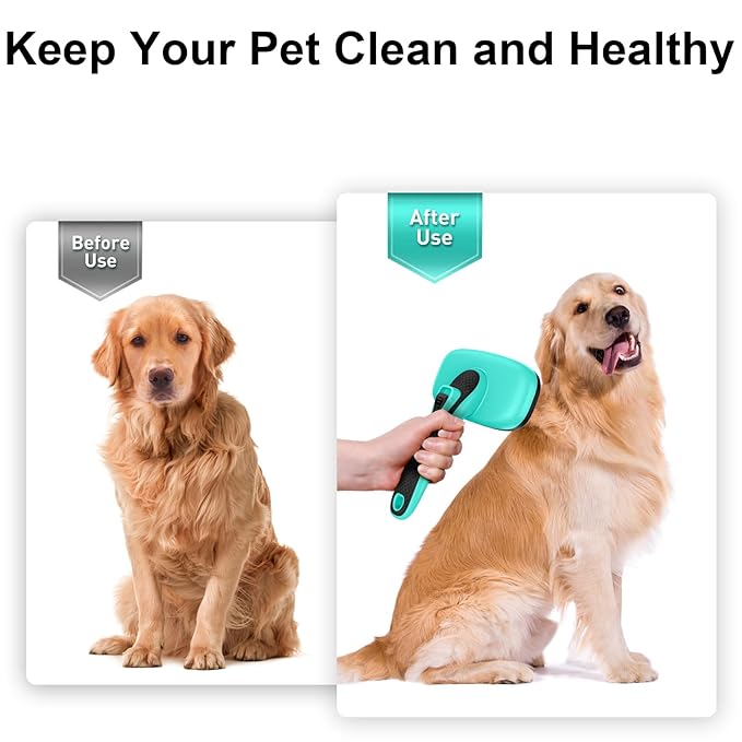 Self Cleaning Slicker Brush for Dog, Skin Friendly Shedding & Grooming Tool for Long and Short Haired Dogs and Cats, Easy Clean Retractable Bristles, Green