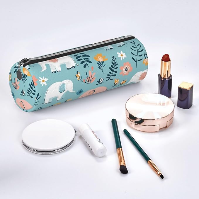 OSAM SPACE Leather Pencil Case Round Pencil Bag Elephants Flowers Leaves Pen Organizer Holder Portable Zipper Pouch Cute School Supplies for Girls Boys Study Office