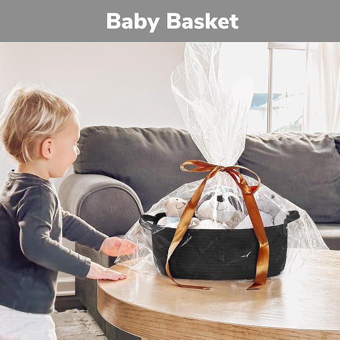 CHICVITA Small Woven Rope Gift Basket, Decorative Boo Basket, Black | 13" x 10" x 5" Storage Baskets for Toys, Towels & Books, Fits Bathroom & Nursery Organization, Built-In Handles, Rectangle