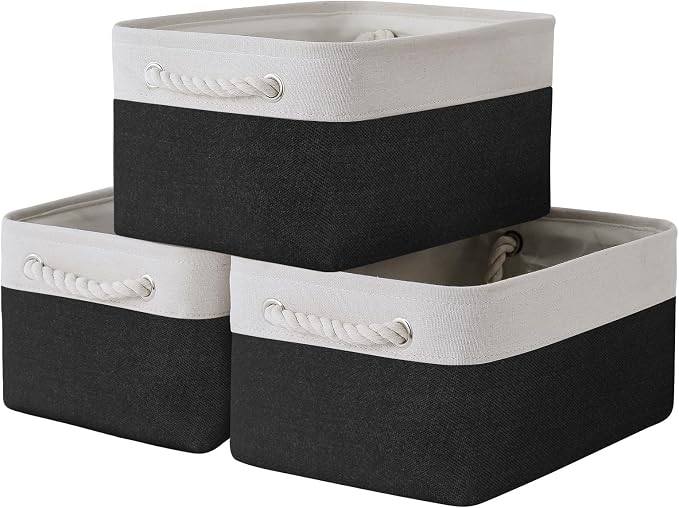 Storage Basket for Organizing - 3 Pack 13.8x9.8x6.7 inch Medium Collapsible Storage Bin for Shelves with Handles Organizer Closet Cubes Cloth Gift Toy (White & Black)