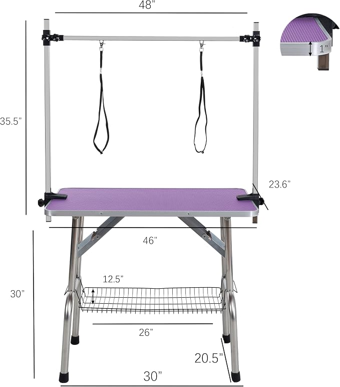 Pet Dog Grooming Table, Foldable Stainless Steel Pet Drying Grooming Table Up to 330lbs, Professional Bathing Desk for Dogs at Home with Adjustable Overhead Arms, Noose, Mesh Tray, 46''/Purple