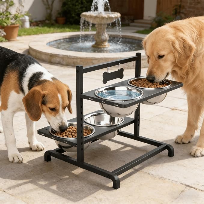 ADENGL Elevated Dog Bowl Stand with 4 Stainless Steel Bowls (1700ml/58oz) – 9 Height Adjustable Raised Pet Feeder from 4.9" to 14.5" for Large Dogs & Multi-Pet Homes, with Bone Name Tag