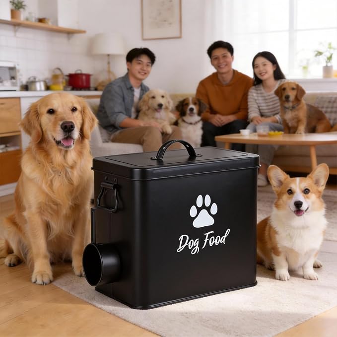 Dog Food Container 6.6lb, Cute Airtight Pet Treat Storage Containers with Metal Lid Scoop, Metal Storage Bin for Dog/Cat Durable Airtight Great Gift for Pet Owners-Black