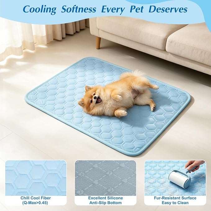 Cooling Mat for Dogs & Cats, Thick Breathable Dog Cooling Mat Q-MAX>0.45 | Chill Cool Fiber Dog Cooling Bed with Non-Slip Base, Non-Toxic Foldable Washable Crate Kennel Pad for Indoor & Outdoor Use