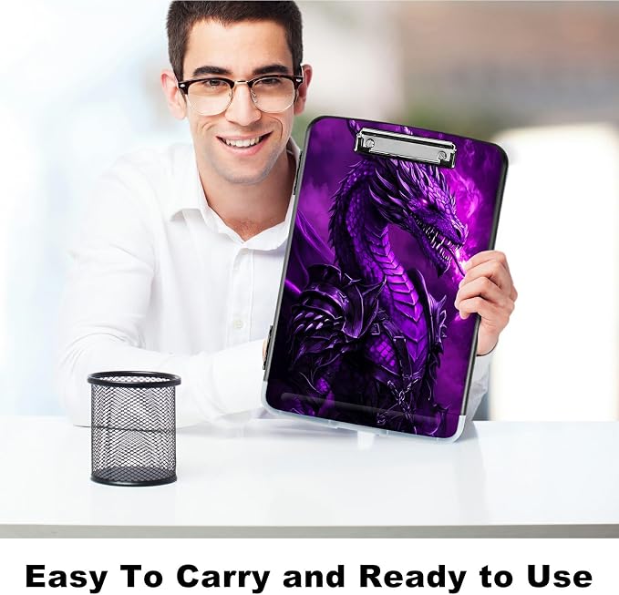 Purple Flaming Dragon A4 Clipboard with Storage Pen Holder, Clipboards Organizer Nursing Clipboard Foldable File Folder Plastic Clipboard Folio Clip Board for Office Students Classroom
