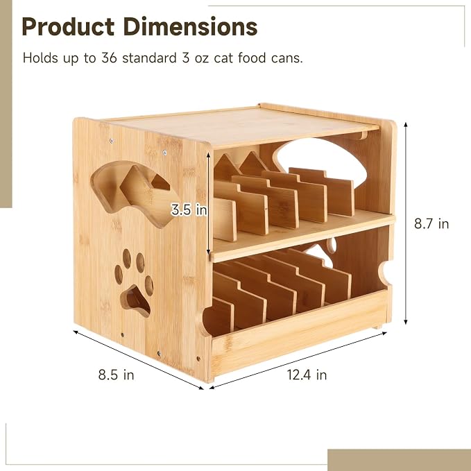 Wooden Cat Food Can Organizer, FIFO Can Storage Rack with Auto Rotation and Dividers, Holds 36 Cans 3 oz, Two Tier Pet Food Holder, Space Saving Countertop Organizer for Pantry Kitchen