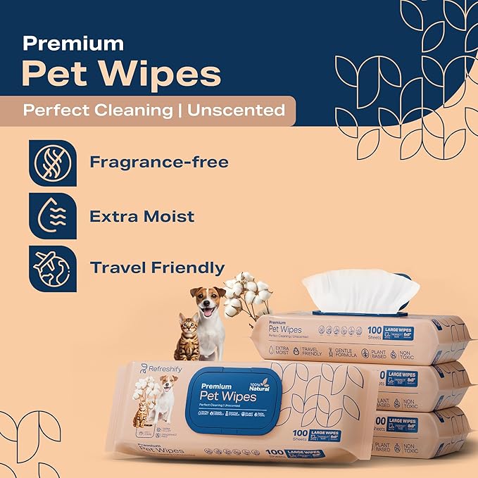REFRESHIFY Dog Wipes for Paws and Butt - Plant Based Unscented (Pack of 400) - Pet Wipes for Dogs and Cats - Deodorizing Non Toxic Dog Wipes, +12 Additional Travel Wipes