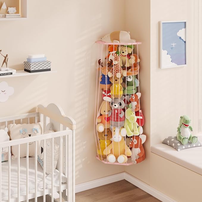 BBLlKE Stuffed Animal Storage Zoo - Corner Plush Toy Organizer Length Adjustable, Wall Hanging Stuffed Animal Net Holder for Nursery Playroom Bedroom Kids Room, Pink
