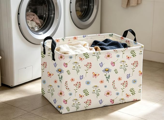 Rectangle Baskets Flower Basket Cute Storage Bin Organizer Box for Room Decor Gift Basket(Watercolor flower)