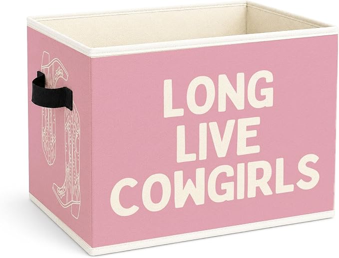 Cowgirl Storage Bin, Foldable Fabric Basket for Girls Room Nursery | Foldable fabric storage bin with cowgirl boots design for toys, books, clothes, nursery, bedroom, and playroom use.