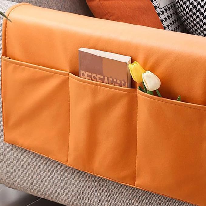 Sofa Armrest Cover with Pockets Set of 2 Furniture Protector Slip Technical Fabric Non Slip Recliner Organizer Remote Holder Caddy Accessories for Living Room Bedroom Kitchen Home 24*43.3 Inch Orange
