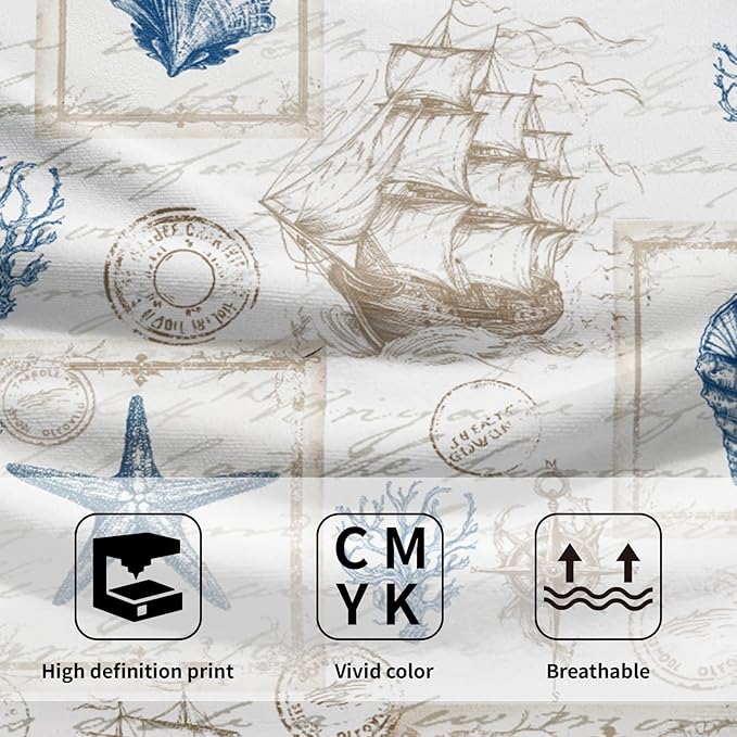 Giwawa 2PCs Vintage Nautical Towel Retro Coastal Coral Sailboat Compass Hand Face Towels Summer Seahorse Seashell Soft Microfiber Dish Towel for Bathroom Guest Gym Spa Hotel Season Decor