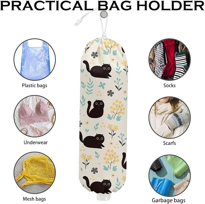 2Pcs Cute Cat Plastic Bag Holder, Vintage Floral Greenery Plastic Bag Holders for Grocery Bags, Washable Grocery Bags Storage Dispenser for Home Kitchen Pantry Decor, Cat Lover Gifts for Women