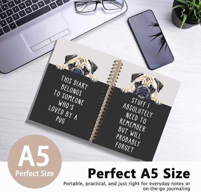 LIANGW Funny Pug Notebook Journal Gifts for Women & Men | Gifts for Pug Lovers Notebooks for Women, Funny Human Resources Gifts Journal for Coworkers, Spiral Notebook 5.5x8.3 Inch