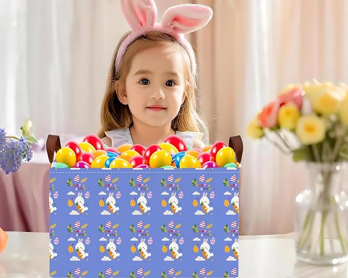 Large Rectangular Easter Baskets Empty Waterproof Boy Toy Box Foldable Kid's Gifts Storage Bin Spring Room Decor(Blue Rabbit Holding Carrot Egg)