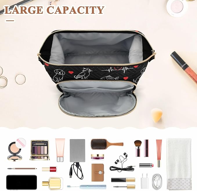 VIGTRO Pets Hearts Lines Makeup Bag Quilted Toiletry Bag Wide Open Cosmetic Bag with Bottles Kit Large Capacity Travel Organizer Pouch for Women
