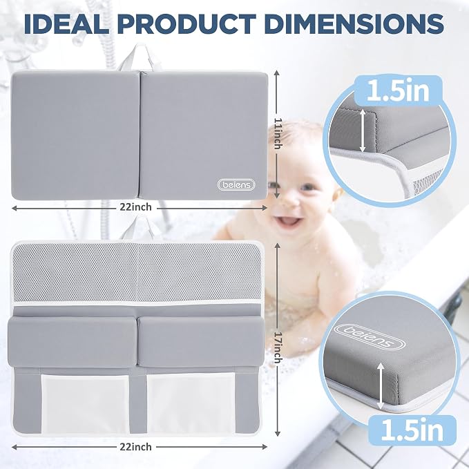 beiens Bath Kneeler and Elbow Rest Pad Set, 1.5 Inch Thick Memory Foam Mat | Quick-dry, Non-slip, 6 Suction Cups, 4 Toy Organizer Pockets, Machine Wash, Foldable Bathtub Kneeling Pad for Bathing Baby