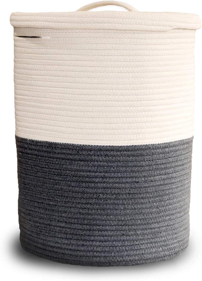Mevyucr Large Laundry Basket with Lid, Tall Laundry Hamper with Lid, Woven Storage Basket Decorative Cotton Basket for Blankets Clothes Toys Pillows Towels Baby Nursery Bathroom Living Room Kitchen