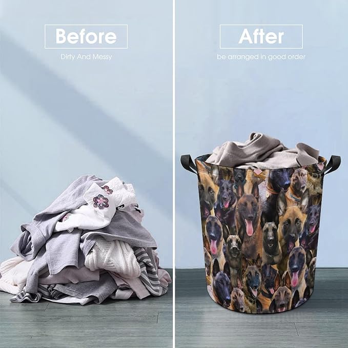 Belgium Malinois Print Laundry Basket, Pet Dog Printed Laundry Hamper, Waterproof Foldable Storage Basket Dirty Clothes Storage Bin for Books Pets Bathroom, Belgium Malinois Lover Gifts