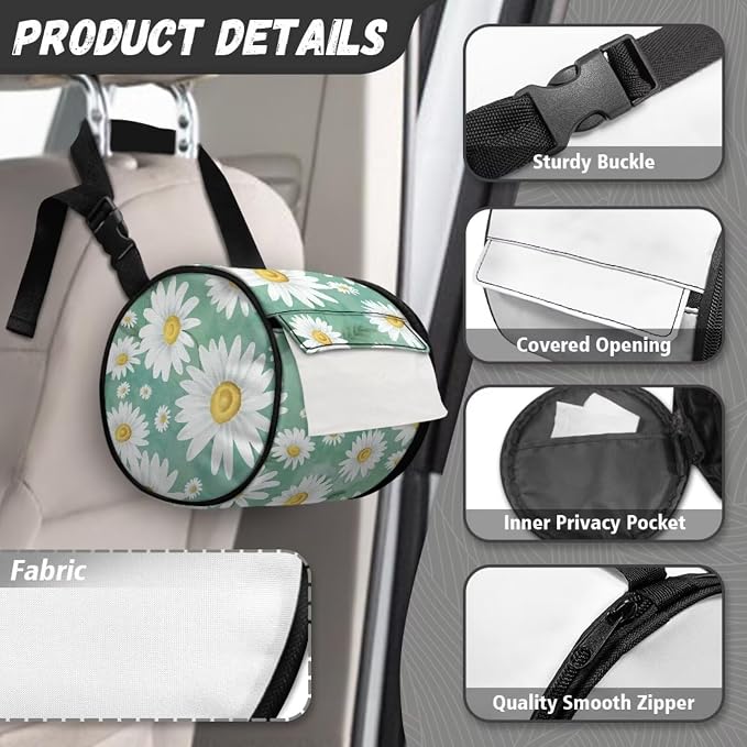 Aesthetic Bathroom Hanging Toilet Paper Tissue Holder Wall Mounted Tissue Towel Roll Holder with Adjustable Strap Easy Installation,Daisy Print