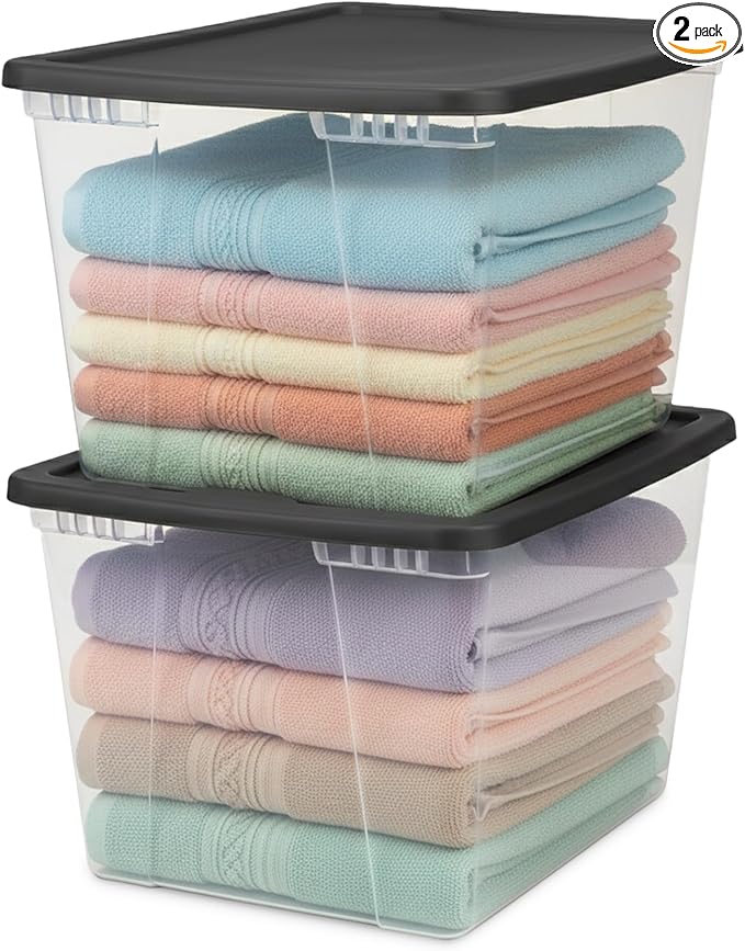 HOMZ 2-Pack Snaplock, Large Clear Plastic Storage Organizer Bins w/Lids, 56 Quart, Gray - Stackable Container Boxes for Bedroom, Bathroom, Garage, and Office Organization