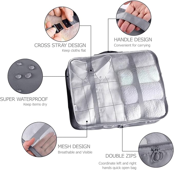 LANSKLBD 6/8 Set Packing Cubes for Suitcases Travel Luggage Packing Organizers,Travel Accessories Essentials Luggage Organizer with Shoe/Tioletry/Laundry Bag (Grey, 8 set)