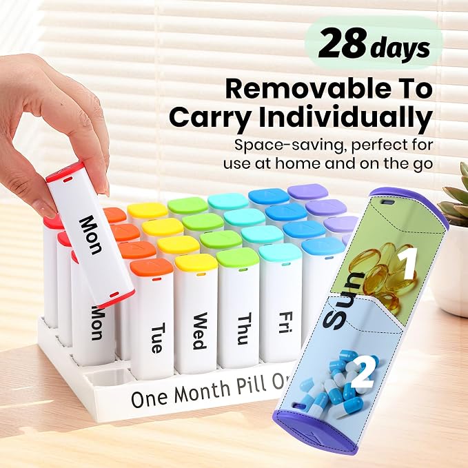 CAidRE 4 Week Medication Organizer, White Large Pill Case 2 Times a Day | Monthly AM PM Dispenser with Moisture Proof Seal for Supplements, Portable Daily Pods, Minimalist Look for Easy Reading