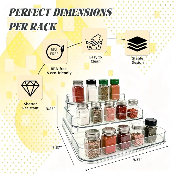 3-Tier Spice Rack 2-Pack, Clear PET Storage Set | No assembly required, fits kitchen, bathroom, pantry, Holds spices, vitamins, cosmetics, BPA-free, space-saving
