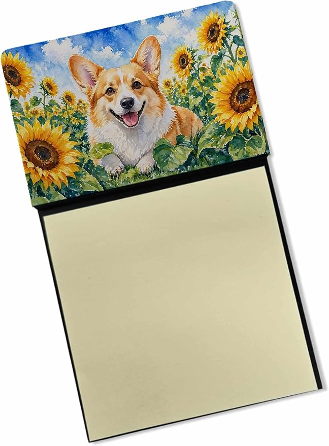 Caroline's Treasures Corgi in Sunflowers Watercolor Sticky Note Holder Refillable Dispenser Desk Accessory 3x3 Pad Gift