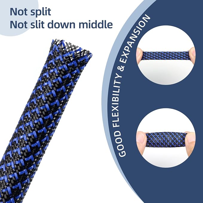 Braided Cable Sleeving, PET Expandable Braided Cable Sleeve, Flexible Mesh Sleeving Cord Management for Audio Video and Other Home Device, Cord Protector from Pets (Black Blue-2, 1/2")
