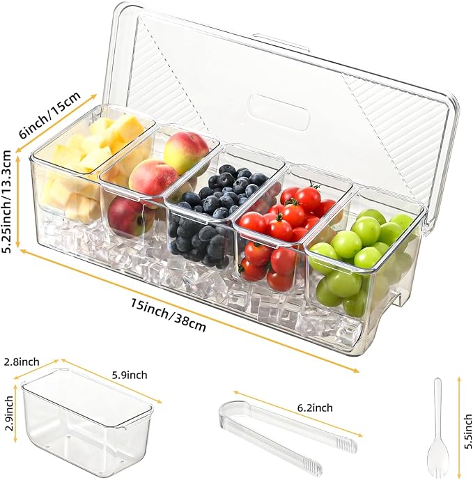 Large Chilled Condiment Caddy,Stackable Chilled Condiment Containers Server with Lids for 5 Removable Compartments (5 Containers, 1 pack)