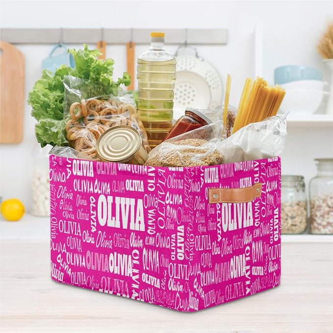 Custom Foldable Storage Basket with Name, Laundry Hamper Deep Pink | Organizing Boys Girls Pets Toys Closet Shelf Clothes Books